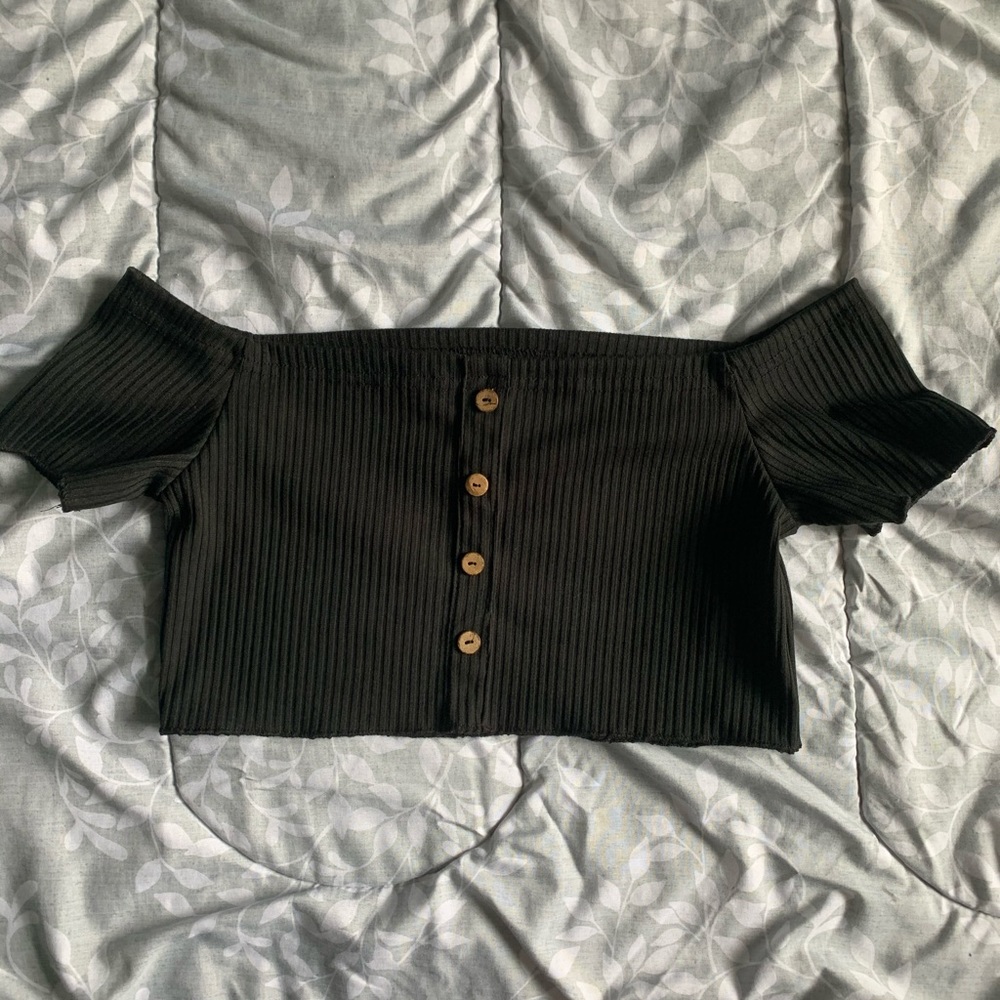 Button front rib knit Bardot crop tee